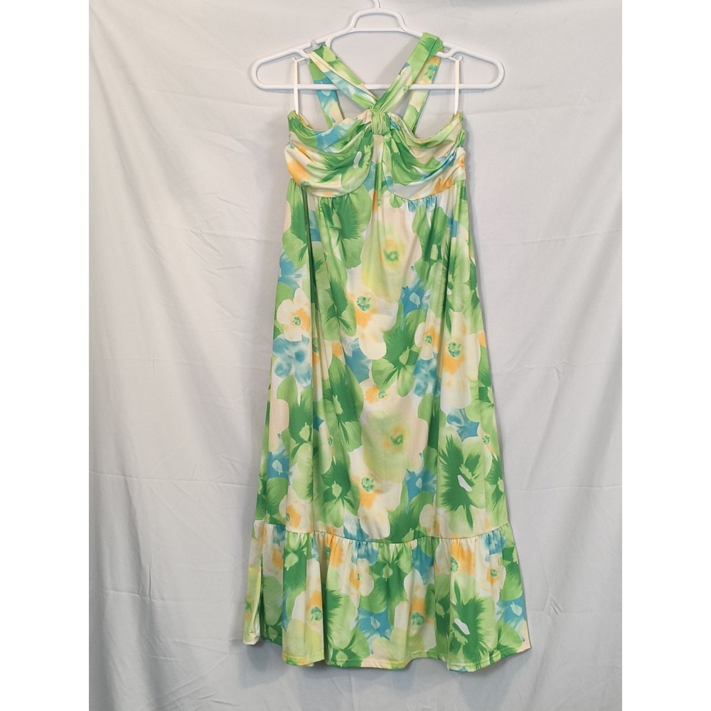 NEW Grace Karin Summer Floral Midi Maxi Dress Women's Sz XL Green Yellow pockets